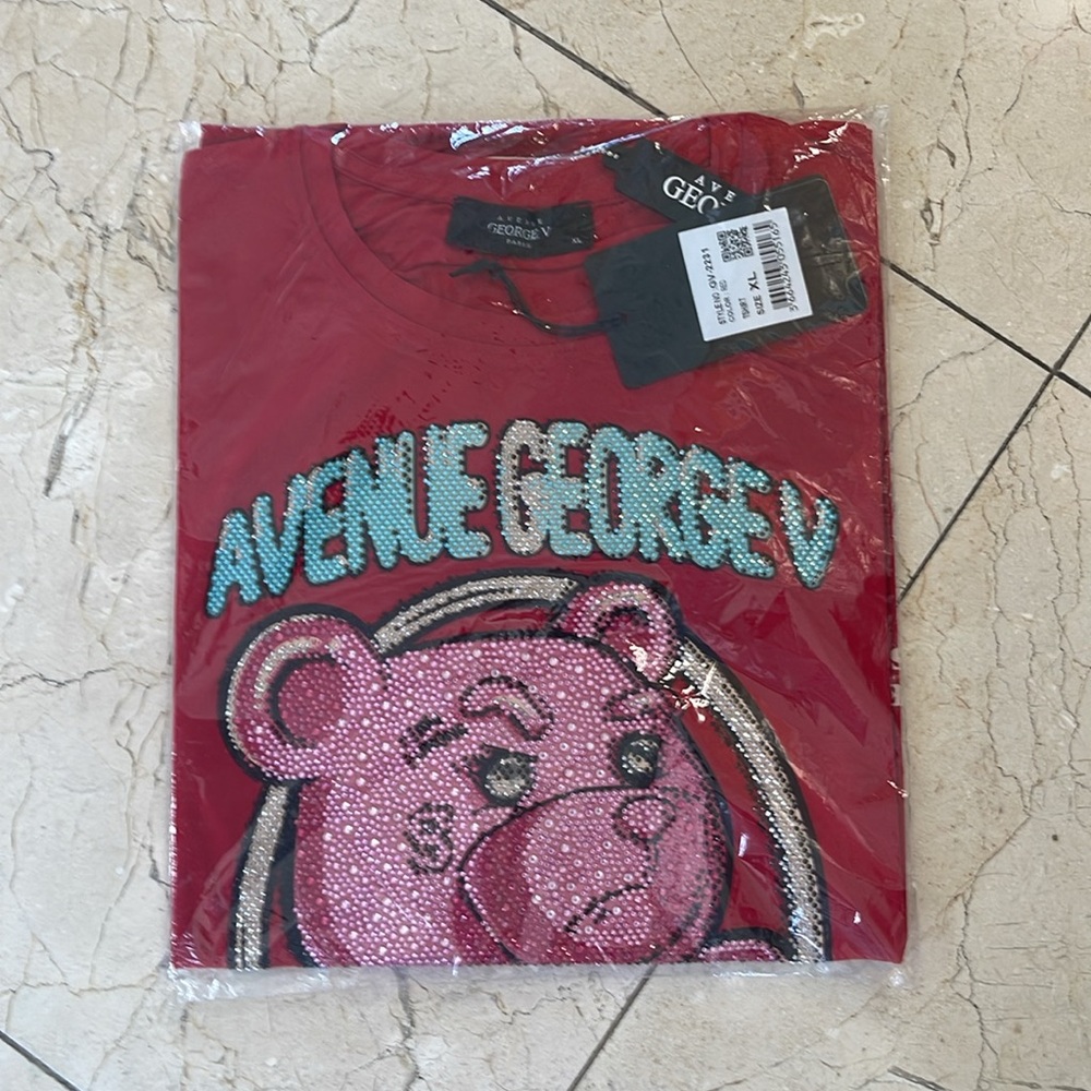 Avenue George V Paris Red T-Shirt Men's short sleeve Rhinestone Teddy Bear XL - Picture 4 of 5